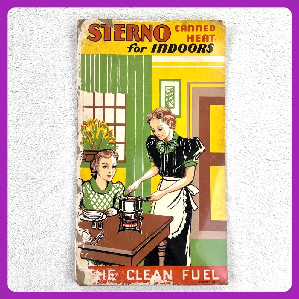 1940s Sterno Canned Heat Vintage Advertising Sign‎ 19" Cardboard Easel Woman USA